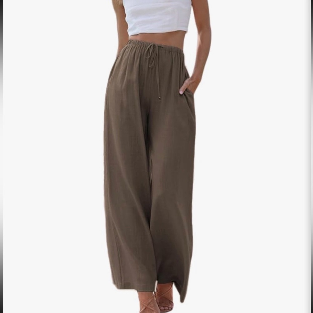 Linen Cotton Blend Drawstring Pants Brown M